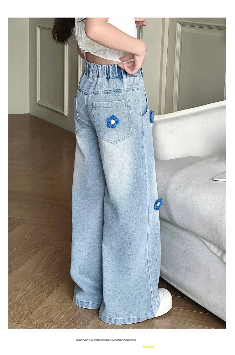 Jean Baggy à Fleurs pour Adolescente, Pantalon en Denim à Jambes Larges, à la Mode, pour Enfant