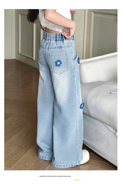 Jean Baggy à Fleurs pour Adolescente, Pantalon en Denim à Jambes Larges, à la Mode, pour Enfant