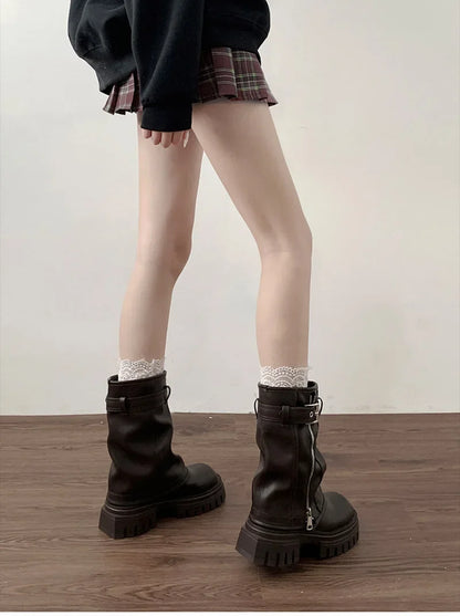 Bottines de motard avec ceinture pour femme, bottines de chevalier, plates, courtes, élégantes, décontractées, à la mode, hiver - DOGOMET DIGITAL PLUS