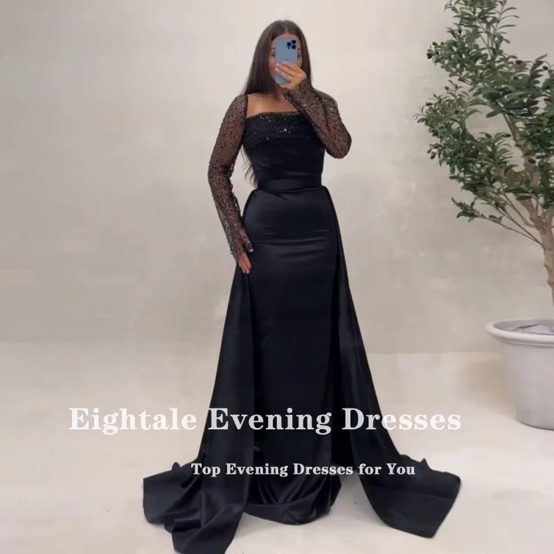 Eightale Black Evening Dresses with Detachable Skirt Sequin Long Sleeves Customized Prom Party Gown Wedding