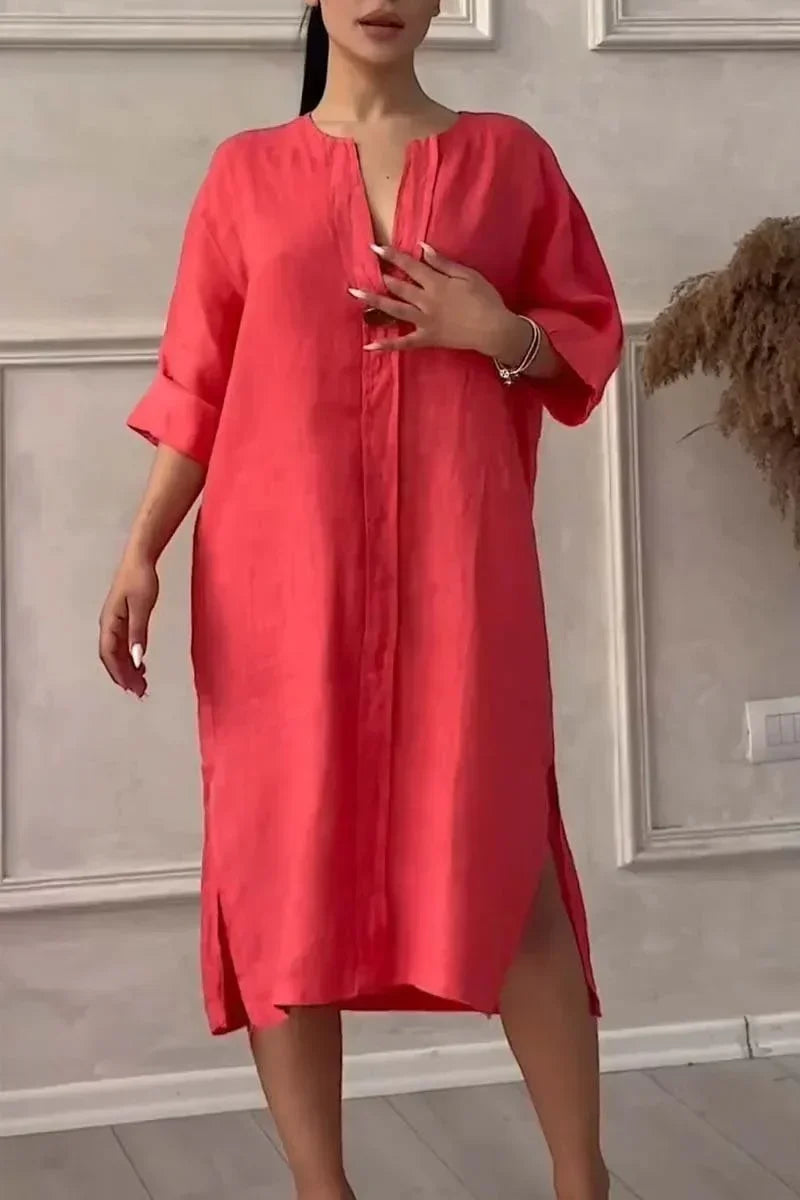 2024 Summer Fashion New Elegant Women's Cotton and Hemp Casual Long Sleeved V-neck Mid Length Commuter Style Solid Color Dress - DOGOMET DIGITAL PLUS
