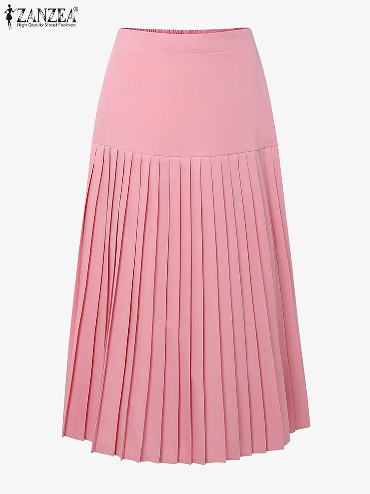 ZANZEA élégant a-ligne Jupes plissées femmes mode taille haute Patchwork Midi Faldas Mujer bureau déplacements solide Jupes Femme