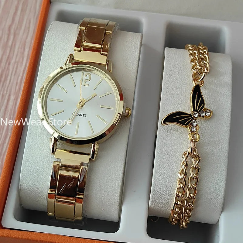 2 pièces affaires mode femmes Montre élégant doré Quartz Montre-Bracelet coeur bracelet à breloques ensemble Montre Femme Relojes Para Damas