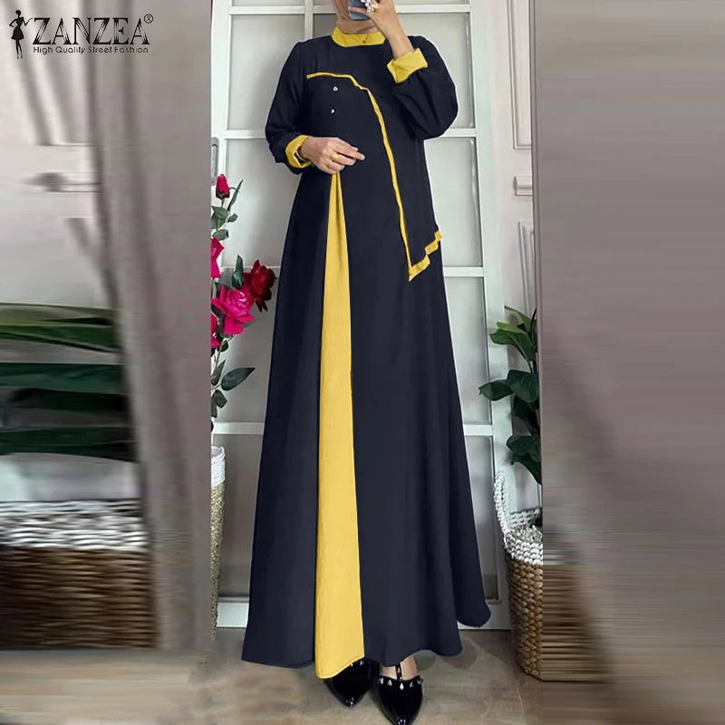 ZANZEA Muslim Women Vestidos Abaya Hijab O Neck Color Block Long Sleeve Eid Mubarak Maxi Dress Islamic Casual Robe 2025 Spring