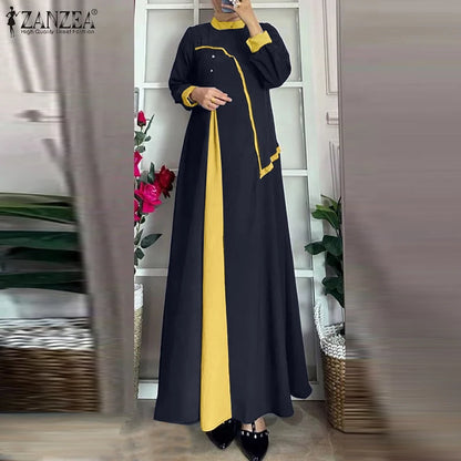ZANZEA Muslim Women Vestidos Abaya Hijab O Neck Color Block Long Sleeve Eid Mubarak Maxi Dress Islamic Casual Robe 2025 Spring