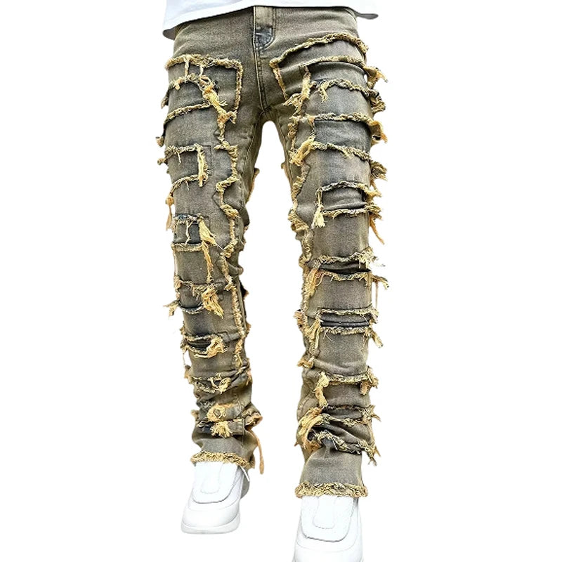 Kakan - New Men's Elastic Patch Jeans, Y2k Clothes Street Fashion Straight Leg Pants Long Jeans Jeans Man Brand - DOGOMET DIGITAL PLUS