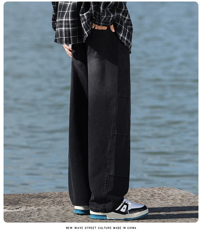 Jean pour hommes, style américain, vintage, délavé, épissage de plis, modèles de printemps et d'automne, pantalons droits amples