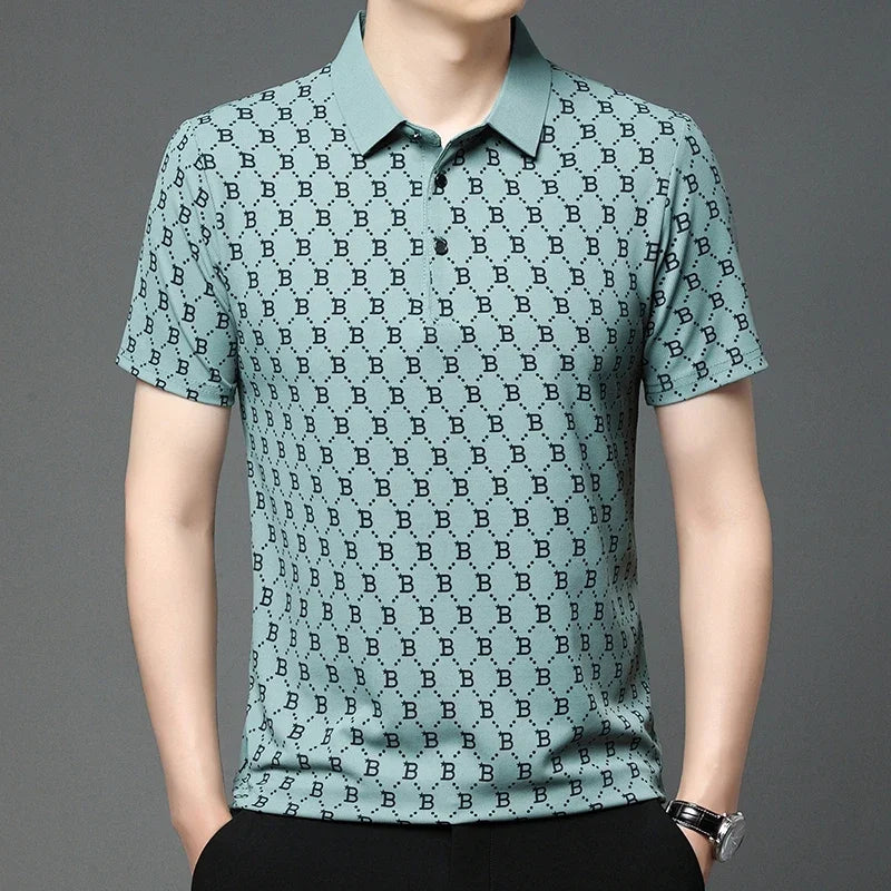 2025 Summer New Men's Business Print Short Sleeved POLO Shirt Comfortable and Cool Casual Fashion T-shirt