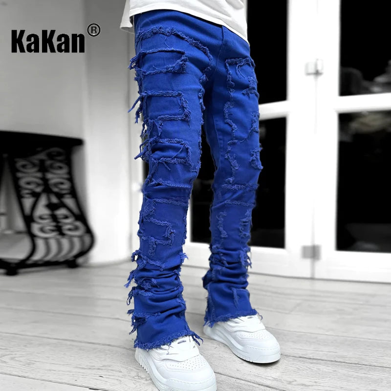 Kakan - New European and American Heavyweight Streetwise Stretch Patch Jeans for Men, High Street Straight Fit Long Jeans16-3001 - DOGOMET DIGITAL PLUS