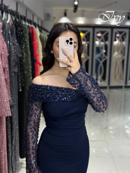 Customized Luxury Off the Shoulder Long Sleeves Evening Dress High Quality Jersey Prom Dresses Temperament Crystal Party Gowns