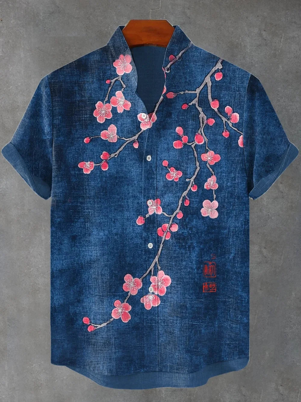 Chemise d'été en lin à manches courtes, nouvelle chemise à col montant à motif imprimé de fleurs de prunier pour hommes, haut social de mode de rue
