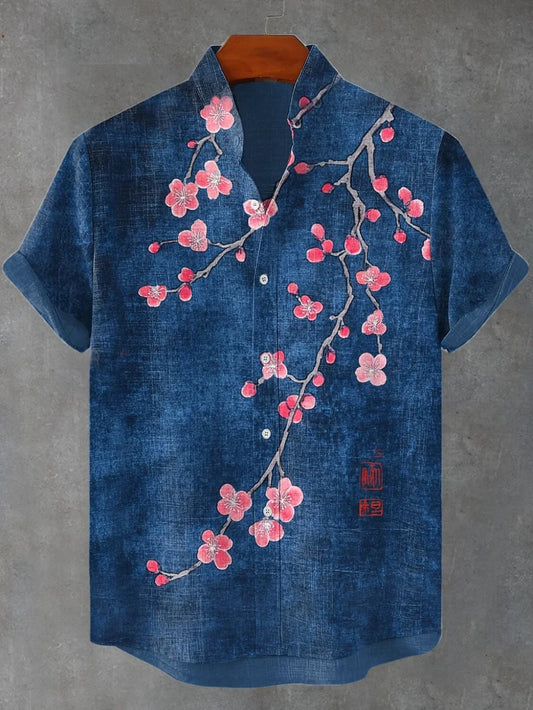 Chemise d'été en lin à manches courtes, nouvelle chemise à col montant à motif imprimé de fleurs de prunier pour hommes, haut social de mode de rue