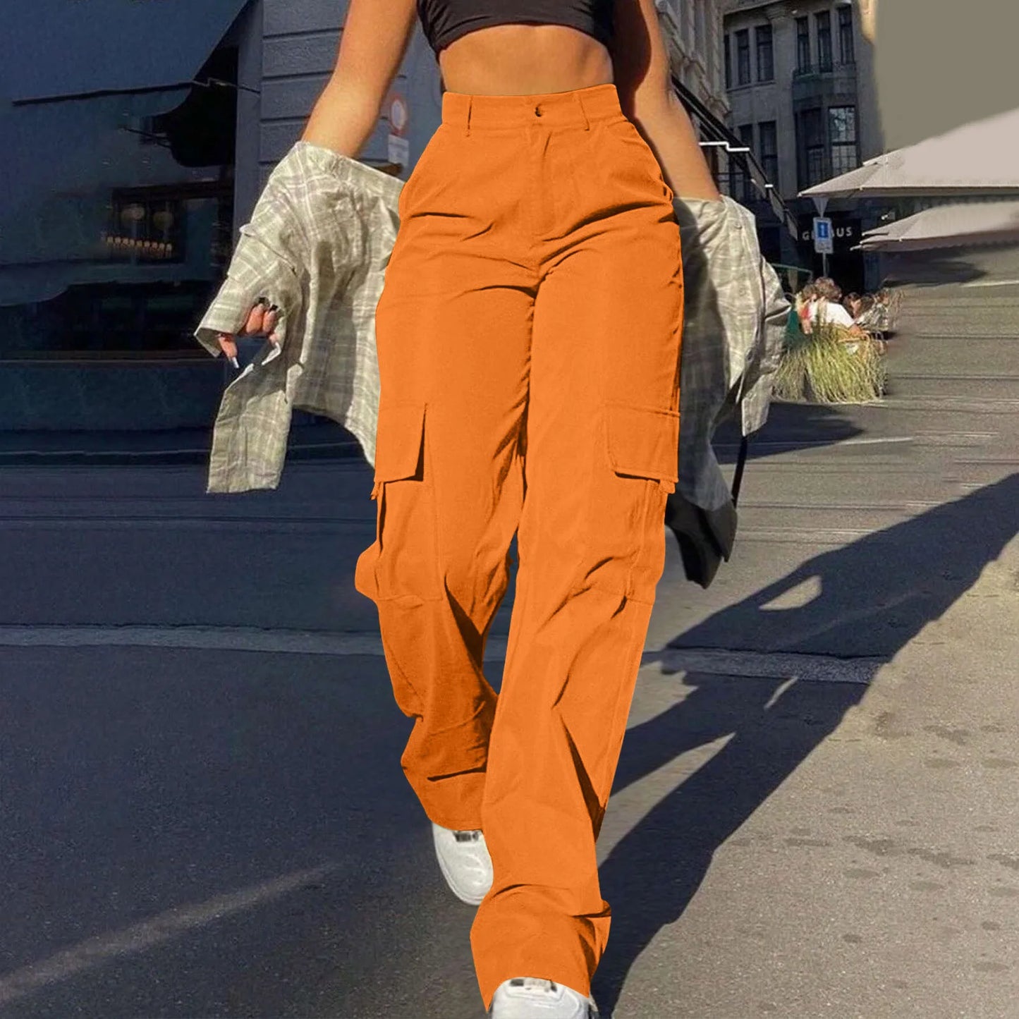 Women's Loose Cargo Pants High Waist Wide Leg Solid Color Full Length Trousers With Pockets Casual All Seasons Long Pantalones