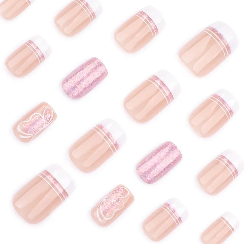 24 pièces court carré presse sur ongles dégradé paillettes faux ongles pointe française lignes acrylique ongles couverture complète portable faux ongles conseils