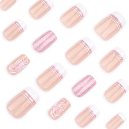 24 pièces court carré presse sur ongles dégradé paillettes faux ongles pointe française lignes acrylique ongles couverture complète portable faux ongles conseils