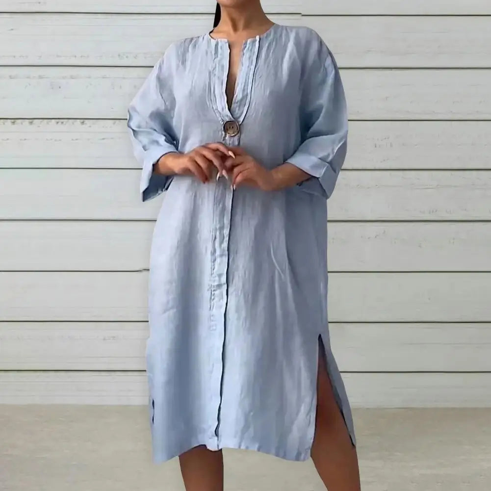 Summer Women Dress V Neck Side Split Loose Pullover Button Pure Color Long Sleeves Casual Daily Wear Midi Dress - DOGOMET DIGITAL PLUS