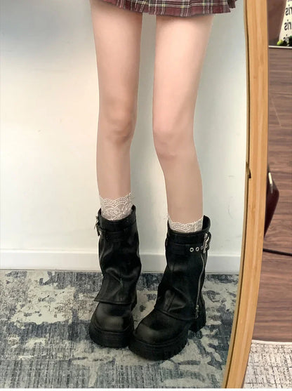 Bottines de motard avec ceinture pour femme, bottines de chevalier, plates, courtes, élégantes, décontractées, à la mode, hiver - DOGOMET DIGITAL PLUS