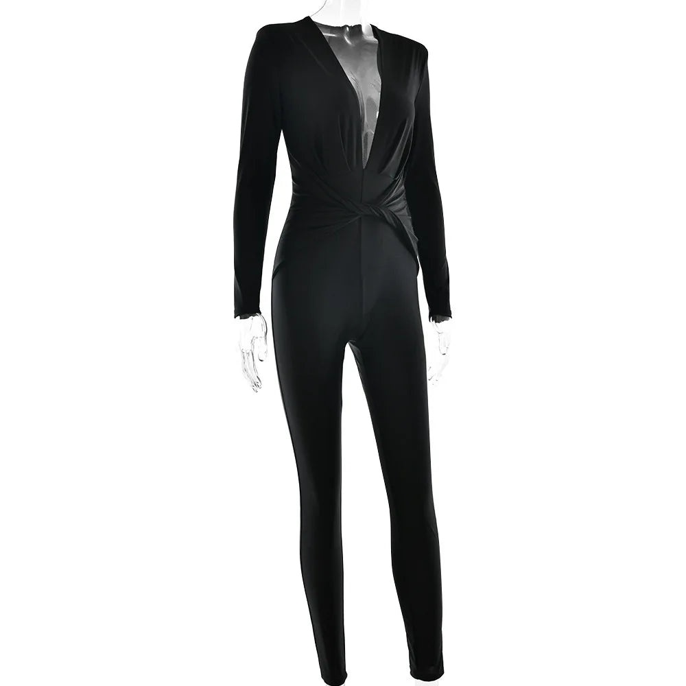 JUISSA MO Women Deep V Neck Ruched Jumpsuit Long Sleeve High Waist Playsuit Female Winter Battery Elegant Activewear Sexy