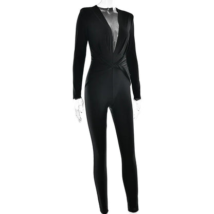 JUISSA MO Women Deep V Neck Ruched Jumpsuit Long Sleeve High Waist Playsuit Female Winter Battery Elegant Activewear Sexy