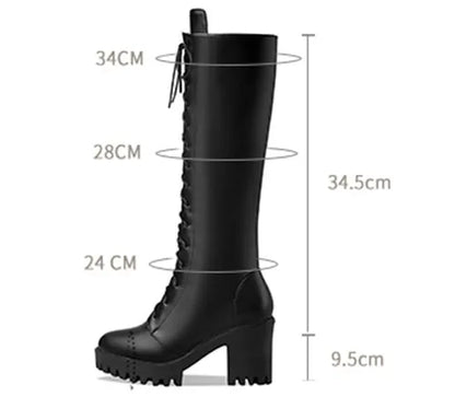 Bottes hautes britanniques pour femmes, blanc et noir, robe de soirée et de bureau, bout rond, talons bloc, fermeture éclair, longues bottes à plateforme d'équitation, hiver - DOGOMET DIGITAL PLUS