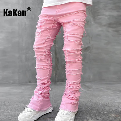 Kakan - New European and American Heavyweight Streetwise Stretch Patch Jeans for Men, High Street Straight Fit Long Jeans16-3001 - DOGOMET DIGITAL PLUS