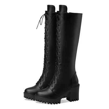 Bottes hautes britanniques pour femmes, blanc et noir, robe de soirée et de bureau, bout rond, talons bloc, fermeture éclair, longues bottes à plateforme d'équitation, hiver - DOGOMET DIGITAL PLUS