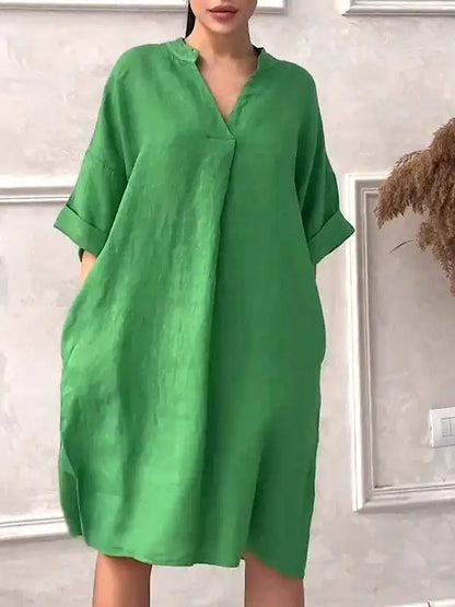 Fashion Cotton And Linen Women's V-neck Loose Dress 2025 Spring And Summer Solid Color Casual Short Sleeved Pocket Midi Dresses - DOGOMET DIGITAL PLUS