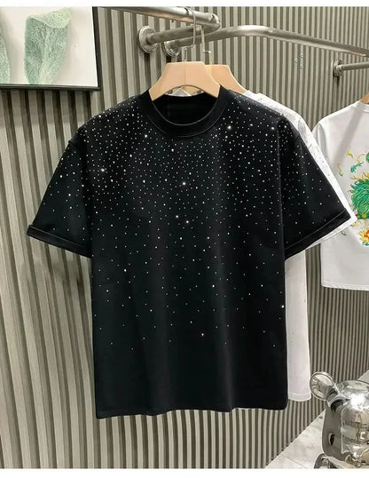 Été strass Rivet T-shirt pour hommes vêtements col rond T-shirt style décontracté mode haute rue 2025 hommes été manches courtes