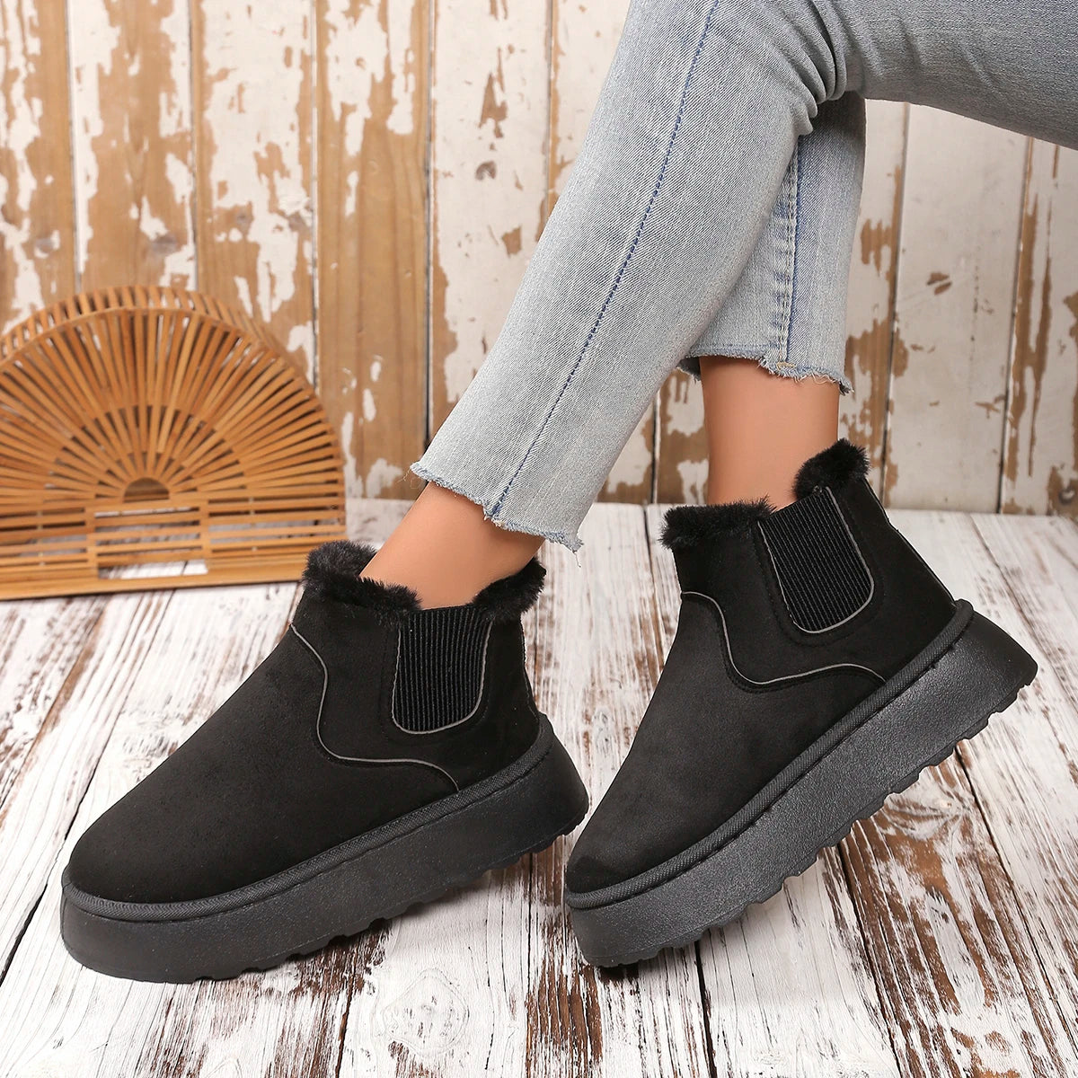 Hiver femmes courtes en peluche chaud bottes de neige chaussures décontractées nouveau daim fourrure Chelsea bottines plates plate-forme dames chaussures Botas - DOGOMET DIGITAL PLUS