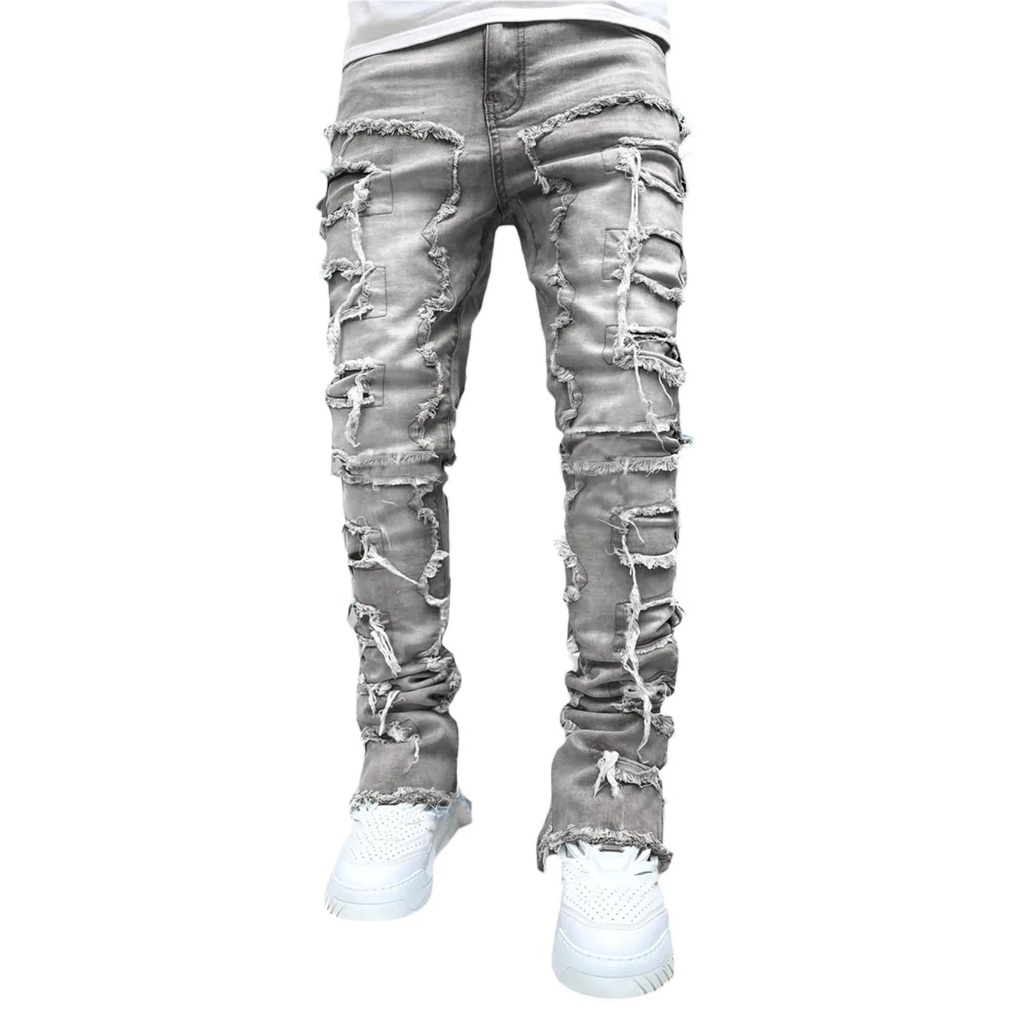 Kakan - New Men's Elastic Patch Jeans, Y2k Clothes Street Fashion Straight Leg Pants Long Jeans Jeans Man Brand - DOGOMET DIGITAL PLUS
