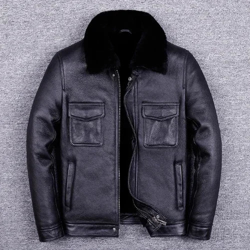 Veste de moto en cuir véritable pour hommes, manteau de fourrure, cuir naturel, chaud, hiver, zones me, SGG1109