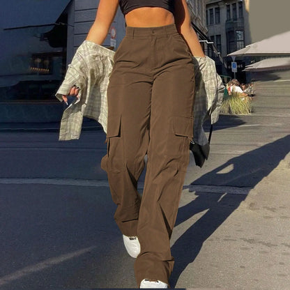 Women's Loose Cargo Pants High Waist Wide Leg Solid Color Full Length Trousers With Pockets Casual All Seasons Long Pantalones