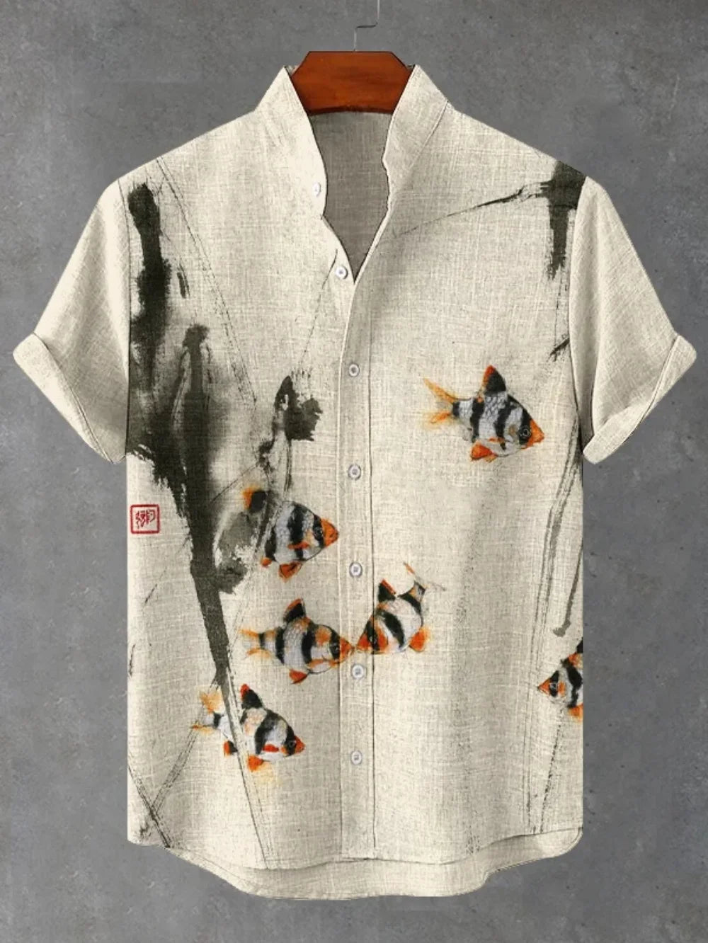 Chemise d'été en lin à manches courtes, nouvelle chemise à col montant à motif imprimé de fleurs de prunier pour hommes, haut social de mode de rue