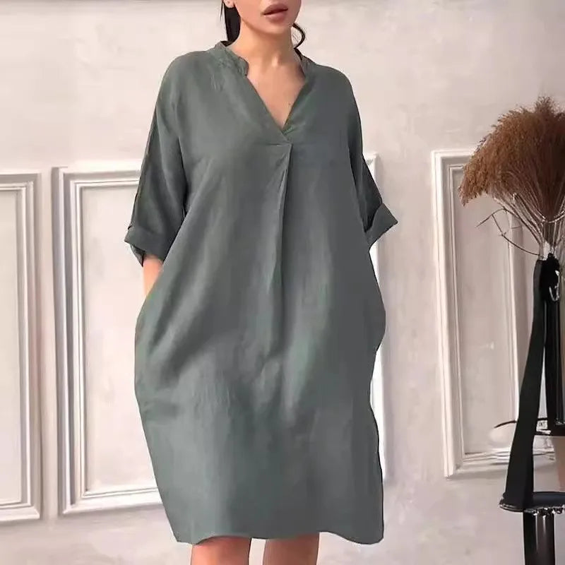 Fashion Cotton And Linen Women's V-neck Loose Dress 2025 Spring And Summer Solid Color Casual Short Sleeved Pocket Midi Dresses - DOGOMET DIGITAL PLUS