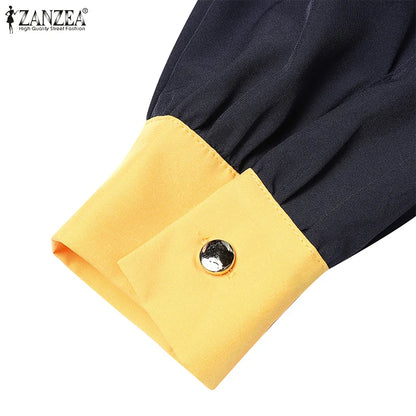 ZANZEA Muslim Women Vestidos Abaya Hijab O Neck Color Block Long Sleeve Eid Mubarak Maxi Dress Islamic Casual Robe 2025 Spring