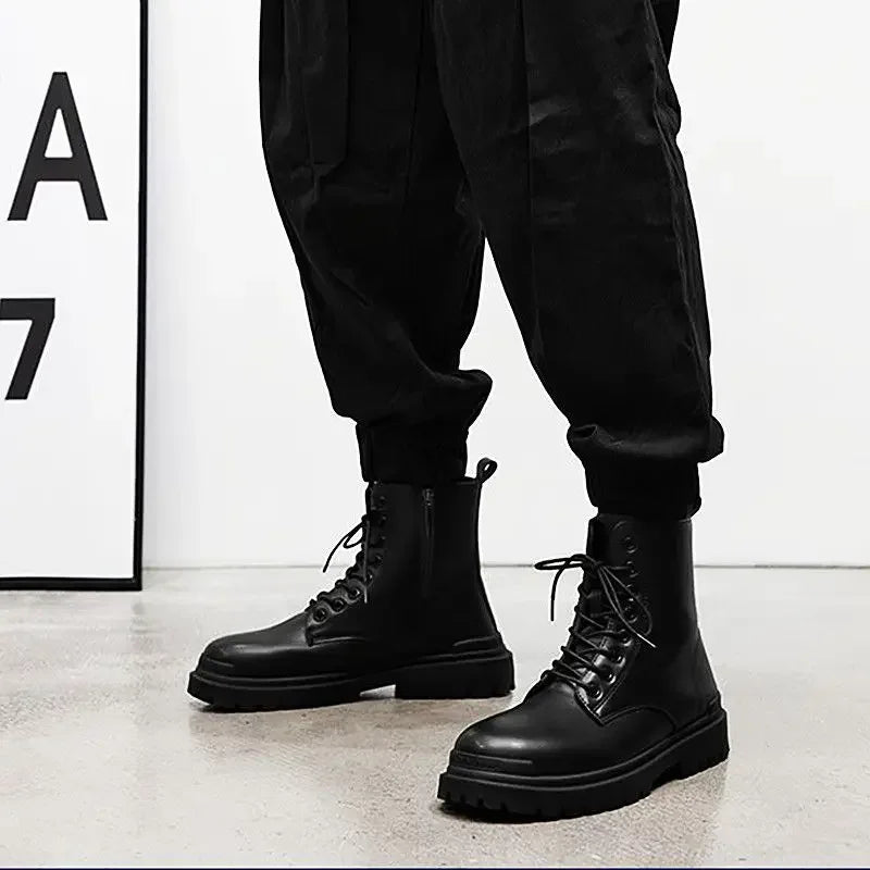 Chaussures à plateforme en cuir PU pour hommes, semelle optique haut de gamme, bottes décontractées noires, chaussures en cuir de vachette, offre rétro, design de lego