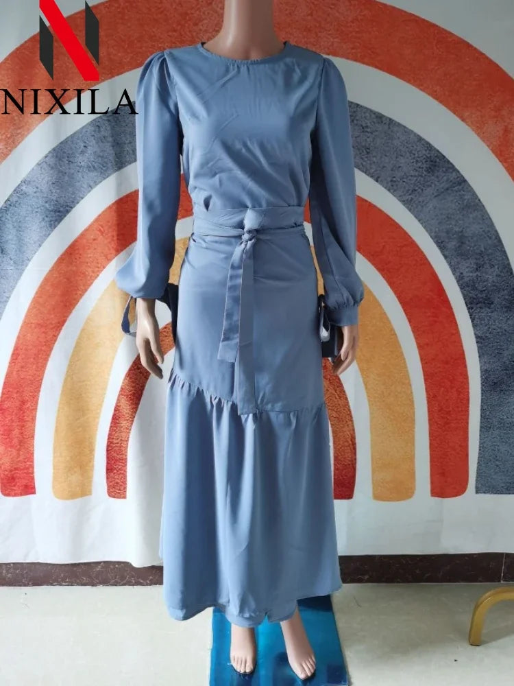 Women Eid Muslim Ensemble Two-Piece Set with Blouse And Skirt Islamic Kaftan Arab Casual Autumn Belted Ramadan Spliced Jalabiy