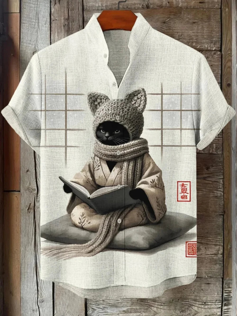 Chemise d'été en lin à manches courtes, nouvelle chemise à col montant à motif imprimé de fleurs de prunier pour hommes, haut social de mode de rue