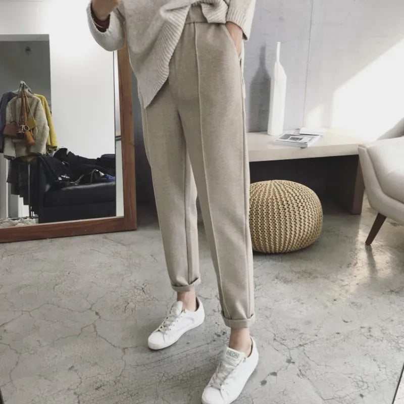 Woolen Pants Women's Harem Pencil Pants 2024 Autumn Winter High Waist Casual Pantalones Beige Black Office Lady Women Trousers