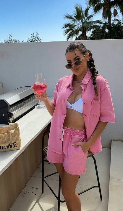 2025 Summer Women's Fashion Casual Loose Short Sleeve Shirt Denim Shorts Set Ensemble Femme 2 Pièces Été