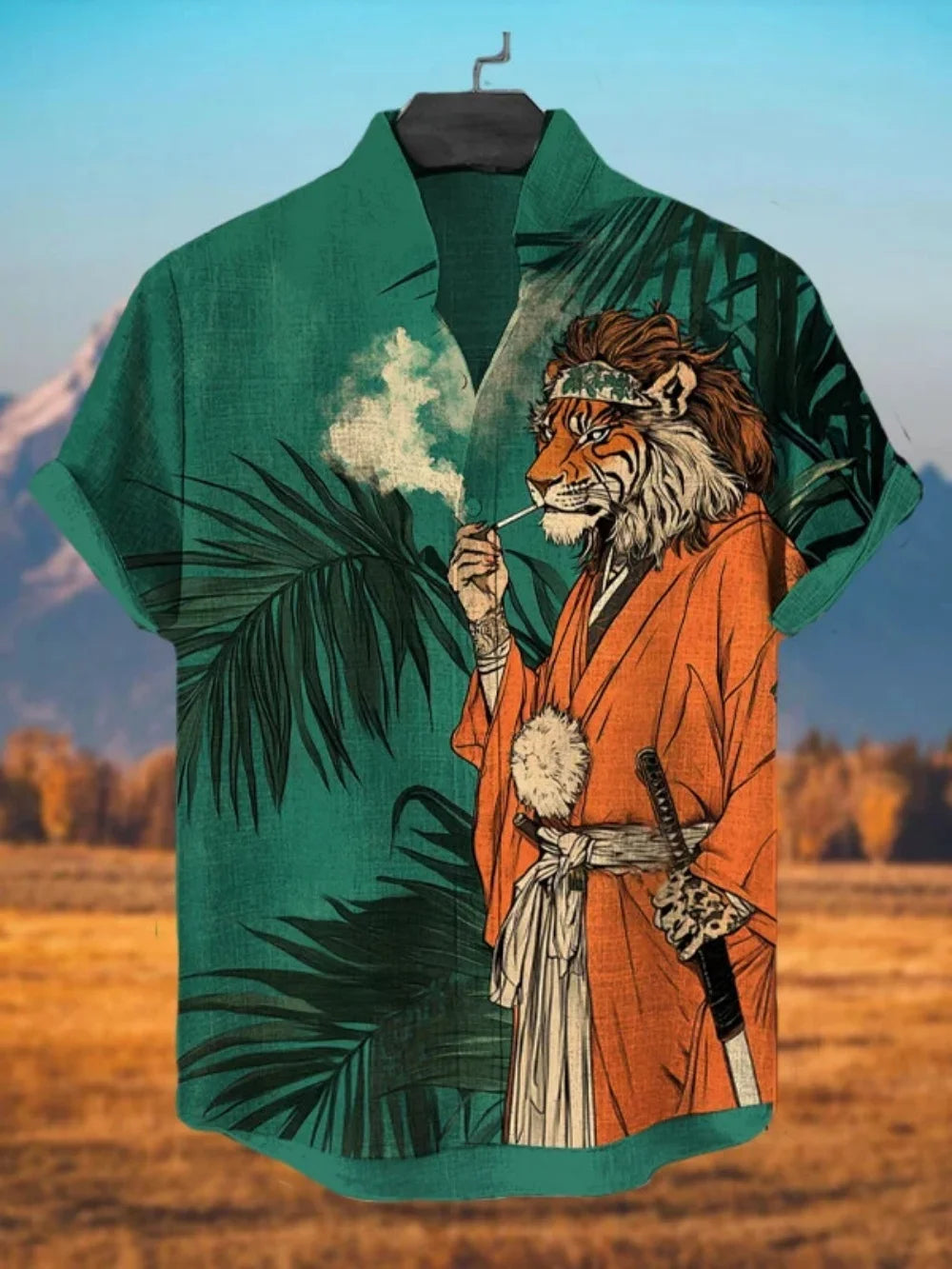 2025 nouvelle chemise à col montant pour hommes, chemise boutonnée cardigan imprimé samouraï japonais, chemise pour hommes à manches courtes en lin rétro