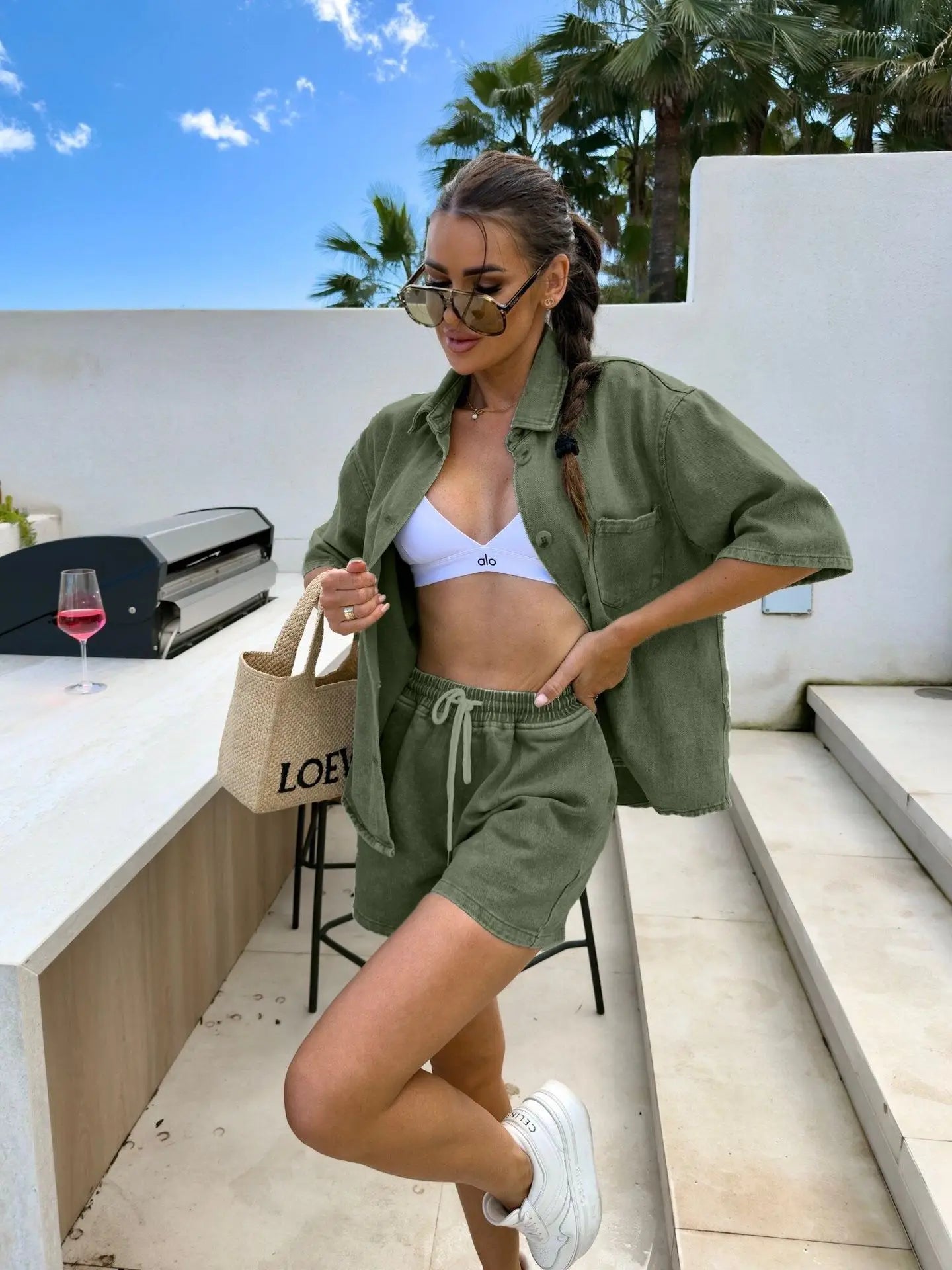 2025 Summer Women's Fashion Casual Loose Short Sleeve Shirt Denim Shorts Set Ensemble Femme 2 Pièces Été