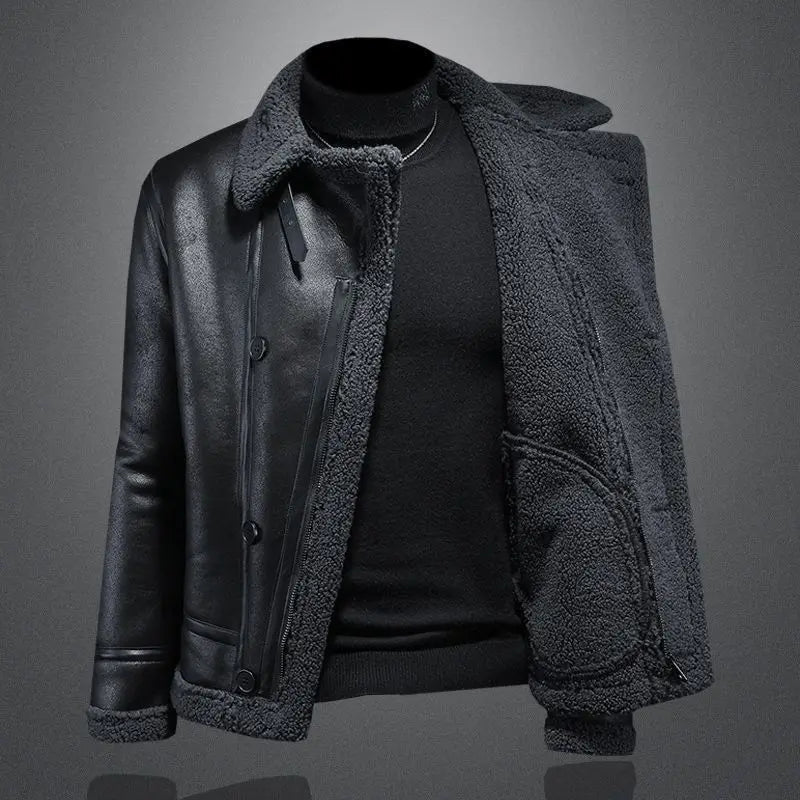 Veste bombardier d'hiver doublée de fausse peau de mouton pour hommes manteau en cuir de moto Vintage épaissi coupe-vent noir M-4XL - DOGOMET DIGITAL PLUS