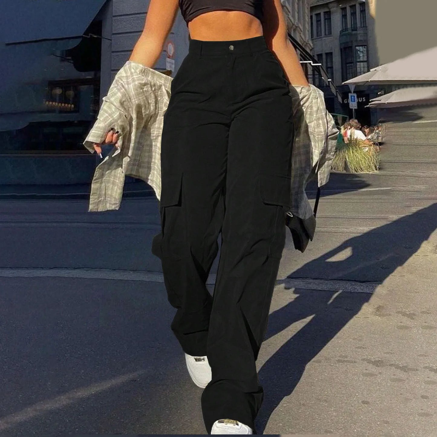 Women's Loose Cargo Pants High Waist Wide Leg Solid Color Full Length Trousers With Pockets Casual All Seasons Long Pantalones