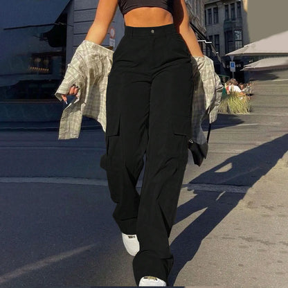 Women's Loose Cargo Pants High Waist Wide Leg Solid Color Full Length Trousers With Pockets Casual All Seasons Long Pantalones