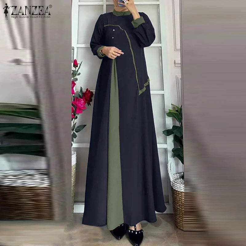 ZANZEA Muslim Women Vestidos Abaya Hijab O Neck Color Block Long Sleeve Eid Mubarak Maxi Dress Islamic Casual Robe 2025 Spring