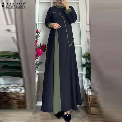 ZANZEA Muslim Women Vestidos Abaya Hijab O Neck Color Block Long Sleeve Eid Mubarak Maxi Dress Islamic Casual Robe 2025 Spring