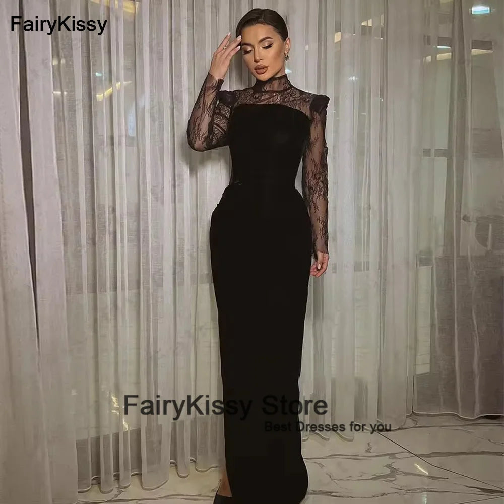 FairyKissy Black Velvet Women's Evening Dresses High Collar Long Sleeve Lace Stickers Princess Formal Prom Gowns