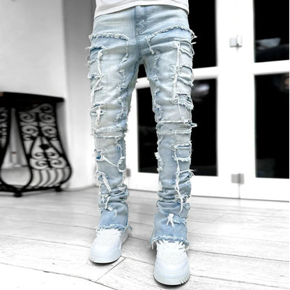 Kakan - New Men's Elastic Patch Jeans, Y2k Clothes Street Fashion Straight Leg Pants Long Jeans Jeans Man Brand - DOGOMET DIGITAL PLUS