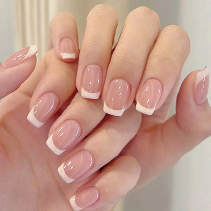 24 ongles français carrés courts à bord blanc simple + 1 colle à ongles + 1 lime à ongles